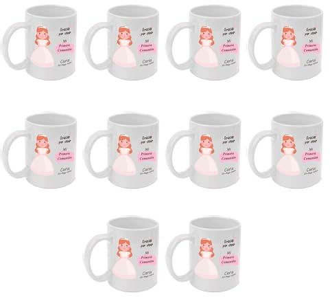 Adri. 10 Tazas personalizadas para comunión. Añade el nombre y la fecha. Regalo Original. Capacidad 350 ml (10 unidades, Diseño dibujo niña)