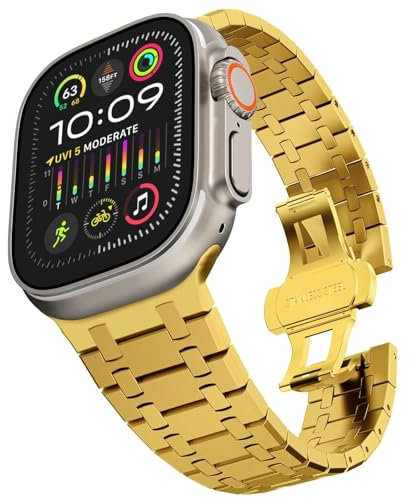 BUDAY Correa de acero inoxidable para Apple Watch Ultra 2 Band 49 mm 45 mm 44 mm 42 mm, correa de metal con cierre plegable para Apple Watch Series 9 8 7 6 5 4 3 2 1 Ultra/Ultra 2 Men(AP-Gold)