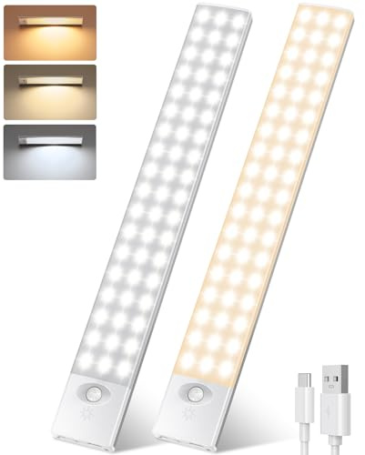 YOOKESEN Luz LED con Sensor de Movimiento 108 LEDs 2000mAH, 32CM Magnética USB-C Recargable Luz con Sensor de Movimiento 3 Color 4 Modos Para Armario, Cocina, Escaleras, Pasillo, Habitacion-2 Piezas