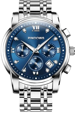 PINDOWS Herrenuhr, Quarz, Wochentag/Datum, Edelstahl, 3 ATM | 42 mm Profil, Tages- und Datumskalender, 120 g solide Bauweise, versteckter Schmetterlingsverschluss, Leuchtzeiger