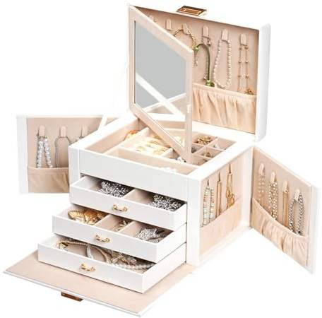 HOOBRO 4-lagiges Schmuckkästchen mit 3 Schubladen, tragbare Schmuckbox mit Tragegriff und Verschluss, Schmuckaufbewahrung, Schmuckorganizer mit Spiegel für Halsketten, Ringe, Ohrringe, Weiß EWT28JB04