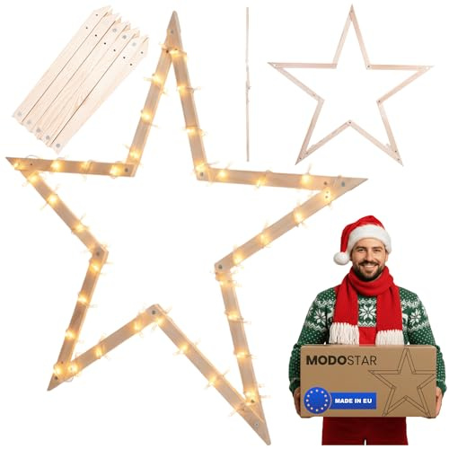 MODO24 DIY Stern MODOSTAR 2D Weihnachtsstern Set aus FSC Holz, Sternabmessungen: 139 cm, zum Aufstellen im Garten & Terrasse, Naturholz, faltbar & stabil, Weihnachtsdeko, Farbe: Natur unbehandelt