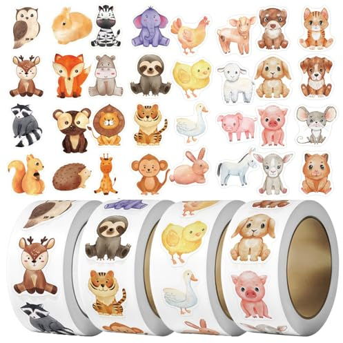 2000 Stück Sticker Tiere, Runde Tier Aufkleber Belohnungsaufkleber Cartoon Tiermuster Selbstklebend Für Mädchen und Jungen