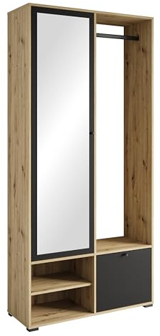 Muebles Slavic Armoire d'entrée avec miroir Dino 90 x 190 cm, entrée, meuble à chaussures, armoire avec porte-manteau, chêne artisan / noir mat