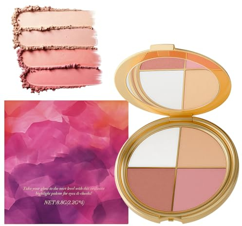 4-in-1 Makeup-Palette – Lidschatten, Highlighter & Blush in Einem, tragbare Gesichtspalette mit Metallic Glanz, 8,8g