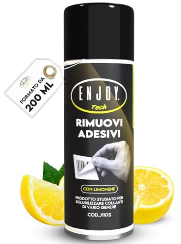 ENJOY TECH - Spray Rimuovi Etichette 200ml | Rimuove Adesivi, Residui di Colla e Silicone da Vetro, Plastica, Metallo e Legno | Sicuro su Superfici, Non Lascia Aloni | Professionale Made in Italy