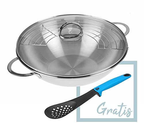 GRÄWE Edelstahl Wok 32 cm mit Glasdeckel und Ablagegitter