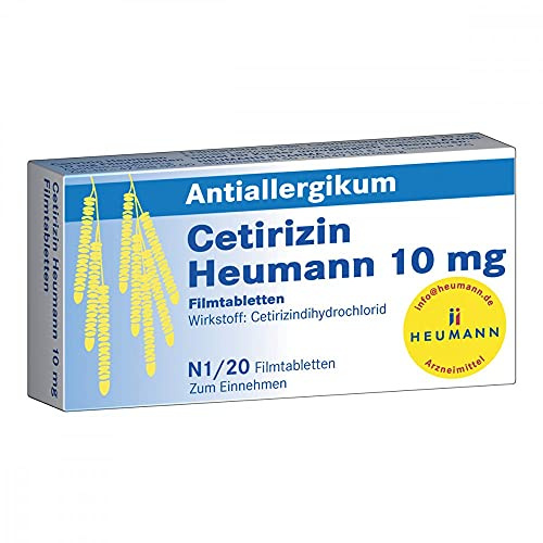 Cetirizin HEUMANN 10 mg Filmtabletten, Antiallergikum, 20 St | Hemmt die Wirkung von Histamin, bei allergischem Schnupfen, Heuschnupfen und Nesselsucht, lindert Juckreiz und Rötungen