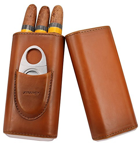 AMANCY Zigarrenetui, für 3 Finger, Leder, mit Zedernholz, mit silberfarbenem Edelstahlschneider, Braun