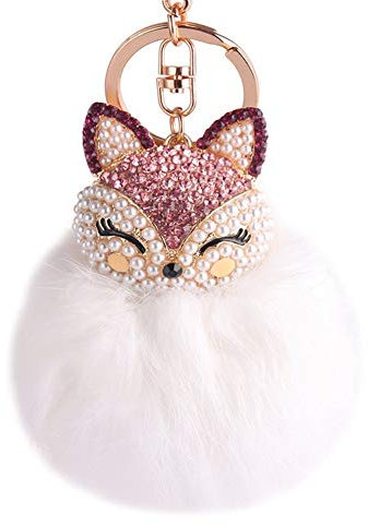 Zinsale Strass Fuchspelz Pom Pom Schlüsselanhänger Handtasche Charm Car Anhänger mit goldenen Schlüsselring (Weiß mit rosa Kopf)
