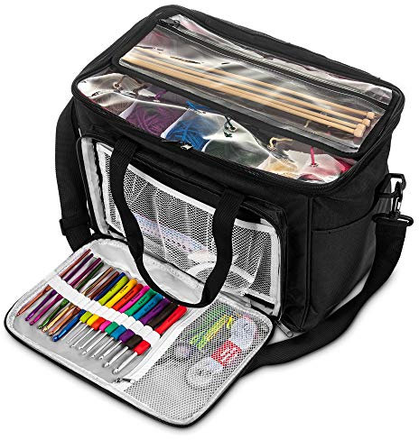 FiNeWaY® Knitting Wool Tote Storage Bag Crochet Hook Needles Accessories Organiser Holder-Made of Premium Heavy Duty Nylon with Clear PVC Top, Strong and Lightweight (Black)