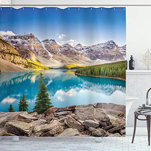 ABAKUHAUS Landschaft Duschvorhang, Beruhigen See und Berg, Wasser Blickdicht inkl.12 Ringe Langhaltig Bakterie und Schimmel Resistent, 175 x 200 cm, Grün Blau Grau