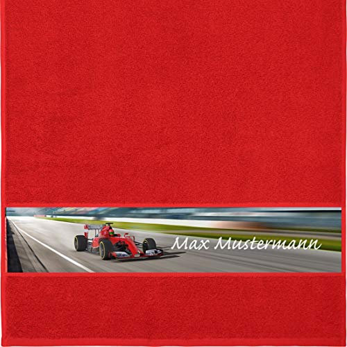 Manutextur Handtuch mit Namen - personalisiert - Motiv Sport - Rennauto - viele Farben & Motive - Dusch-Handtuch - rot - Größe 50x100 cm - persönliches Geschenk mit Wunsch-Motiv und Wunsch-Name
