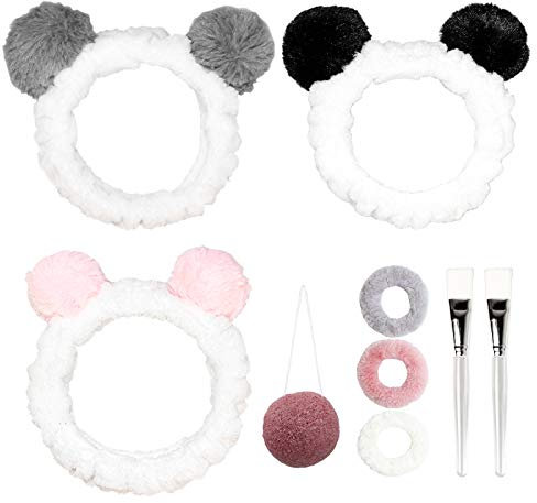 Haarband 3 Stück Stirnband Kosmetik Haarbänder Stirnbänder mit Ohr für Frauen und Mädchen, Plüsch Stirnband Elastische Haarband Haarschmuck für Gesicht Waschen, Make-up, Dusche oder Spa Maske (Panda)