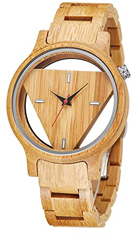Tiong Triangle Wood Watch for Men Creative Hollow Dial Full Wooden Quartz Watch Vintage Natural Mens Unique Inverted Geometric Wood Wrist Watch