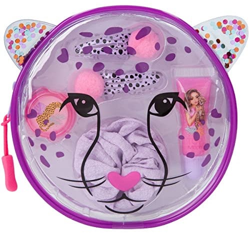 Depesche 10970 TOPModel Urban Jungle - Beauty-Set in Lila, transparentes Schmink-Täschchen mit Ohren und Geparden-Aufdruck, befüllt mit 2 Haarspangen, Skrunchie und 2 Lipglossen