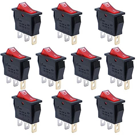 QIACHIP 10 Stück Kippschalter AC 250 V / 15 A, 125 V / 20 A rot beleuchtet Ein/Aus SPST 3 Pin 2 Position Wippschalter für Autos und Boote KCD3