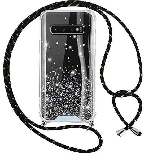 Vauki Handykette Hülle für Samsung Galaxy S10, Glitzer Handyhülle mit Band Silikon Stoßfest PC Case mit Glühen Necklace Schutzhülle mit Kordel Lanyard zum Umhängen für Samsung S10, Schwarz