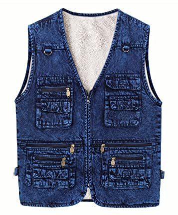 Yukirtiq Herren Winter Weste Fleece Gefüttert Outdoor Denim Baumwolle Ärmellos Jacke Anglerweste Fotografie Camping Jagd Wandern Freizeitweste mehrere Taschen