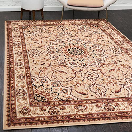 Mazovia Orientalisch Vintage Teppich - Kurzflor - Muster mit Medaillon - Traditioneller Teppich für Wohnzimmer, Esszimmer - ÖKO-TEX Wohnzimmerteppich - Beige 140 x 200 cm