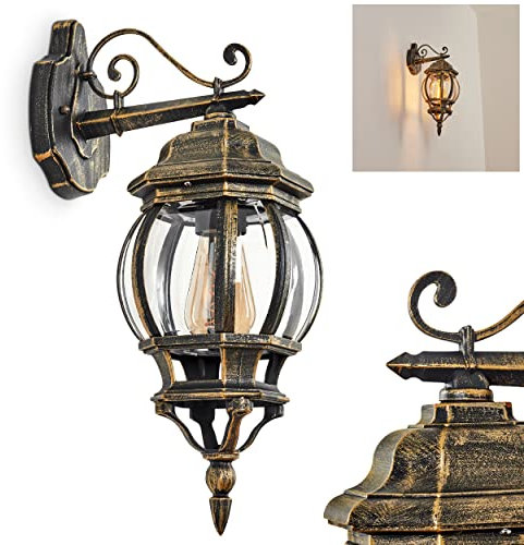 HOFSTEIN Außenwandleuchte Lentua, Wandlampe abwärts in antikem Look, Metall/Kunststoff in Braun/Gold/Klar, E27-Fassung, Retro/Vintage Außenleuchte für Terrasse, Veranda, Hof, IP44, ohne Leuchtmittel