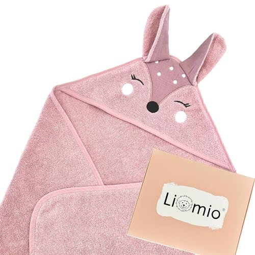 Liomio Kapuzenhandtuch Baby - Baby Handtuch mit Kapuze 100% Baumwolle [Oeko-TEX® 100] weich, kuschelig Baby Badetuch Babygeschenk (75x75cm, Fuchs - Rosa)