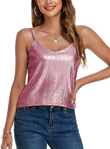 VIDUSSA Damen Funkelnde Tops Ärmellose Camisole Tank Tops Pailletten V-Ausschnitt Oberteile Shirt Blusen Rosa S