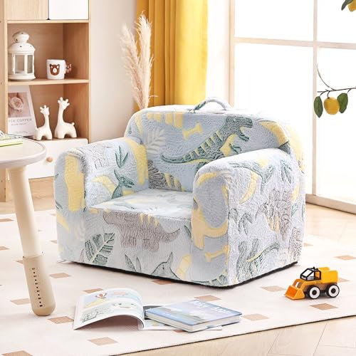 Tiita Kindersofa, Kindersofa mit Tragegriff & Seitentaschen, Kinder Schaumstoffstuhl, Kleinkind Armlehnenstuhl, Leichtgewicht Kindersofa, Kinder Lesesofa, Grau Dinosaurier