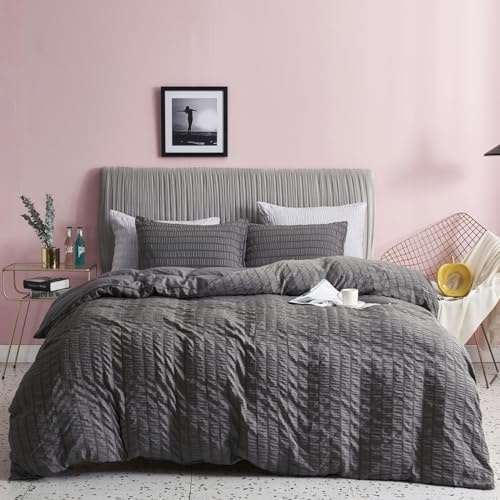 Freyamy Seersucker Bettwäsche 200x220 Grau Geprägt Gestreift Bettwäsche Set | Aesthetic Bettwäsche Mädchen, 3 teilig Unifarben, Microfaser ÖKO-TEX Bettbezug mit Reißverschluss und 2 Kissenbezug 80x80cm