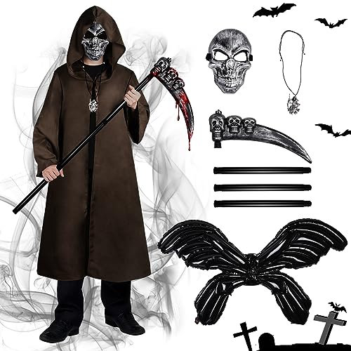 colmanda Halloween Sensenmann Kostüm Set, Halloween Umhang Set mit Schädelmaske, Handschuhen, Sense, Halskette, Grim Reaper Robe mit Kapuze für Halloween Maskerade Cosplay Karneval Party (L)