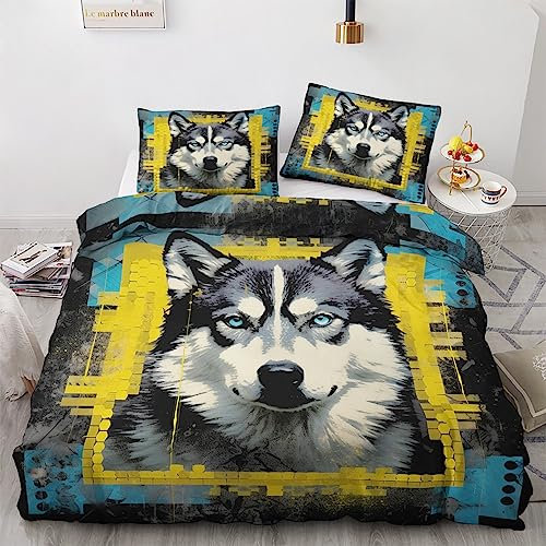 Sommer Bettwäsche 135x200 Husky - Tier Sonne Bettbezug, Bettwäsche-Sets 2 teilig, Weich & Bügelfrei Mikrofaser Wendebettwäsche und 1 Kissenbezug 80x80 mit Reißverschlus K1-&-43