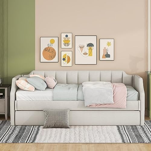 Moimhear Divano letto con letto singolo estraibile, imbottito, da 90 x 200 cm (190), beige