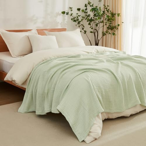 EMME Baumwolldecke 100% Musselin Decke Erwachsene 228 x 228 cm, Sofadecken Atmungsaktive Weiche Groß Decke Alle Jahreszeiten Vorgewaschen Couch Decken Baumwolle Tagesdecke,Mintgrün