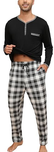 Yukiuiny Pyjama Homme Coton Ensemble Hauts de Pyjama Tee Shirt Manches Longues Col Rond Boutons Vêtements d'Intérieur Plaid Carreaux Vêtements de Nuit Grande Taille Confortable Noir+Carreaux XL