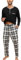 Yukiuiny Pyjama Homme Coton Ensemble Hauts de Pyjama Tee Shirt Manches Longues Col Rond Boutons Vêtements d'Intérieur Plaid Carreaux Vêtements de Nuit Grande Taille Confortable Noir+Carreaux XL
