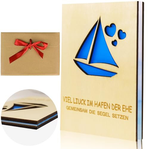 BINYI Geburtstagskarte Hochzeitskarte Geldgeschenk Holz mit Umschlag Glückwunschkarte zur Hochzeit Karte Grußkarte Hochzeitskarten Glückwunsch Einladungskarten Set für Geburtstag Hochzeit (Segelboot)