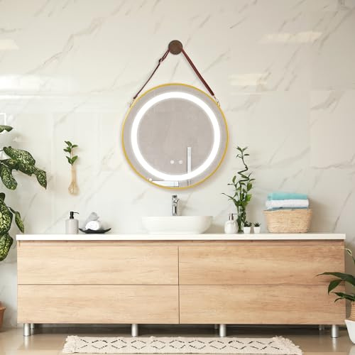 pro.tec LED-Badspiegel Picerno Wandspiegel mit Beleuchtung Warmweiß Neutral Kaltweiß runder Lichtspiegel Ø70cm mit Aufhänge-Gurt Touch, Antibeschlag, Memory-Funktion dimmbar Gold