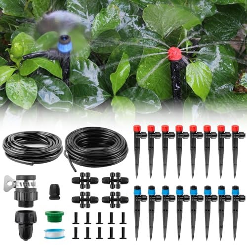 AOUQEE Sistema de riego Jardín, Kit Riego con Ajustable Boquilla Aspersor Pulverizador y Gotero Automatico para Jardin Invernadero Césped Patio Terraza 16+5M