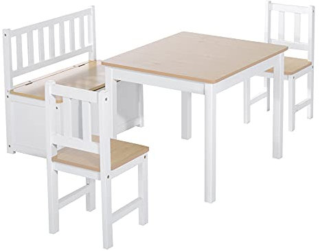 HOMCOM Mesa y Sillas Infantiles de 4 Piezas Mesa Infantil con 2 Sillas y Banco con Almacenaje Juego de Muebles para Actividades para Niños de +3 Años para Dormitorio Sala de Juegos Blanco y Natural