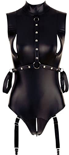 Sexy Body en Cuir PU Ouvert Entrejambe Jarretelles - Lingerie Femme Coquine Hot Sein Nu - Justaucorps Babydoll Teddy - Club libertin (Noir, XXXXL)