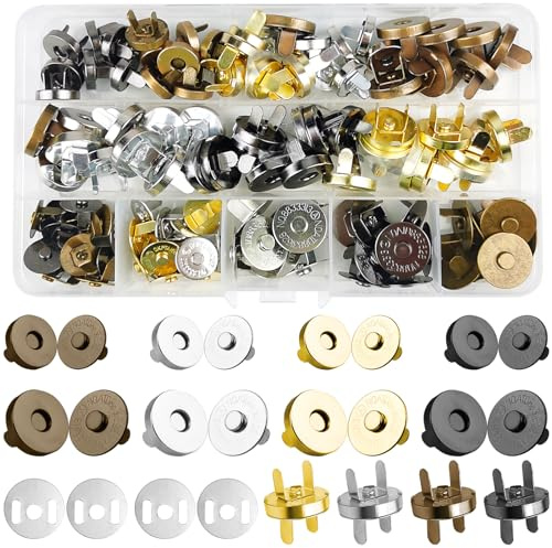 Sheryl&Rain 64 Paires Fermoir Magnétique, 14mm et 18mm Bouton Pression Aimanté, 4 Couleurs Metal Boutons Magnétiques pour Fermoir Sac a Main, Accessoire Couture, Sac en Tissu, Portefeuille en Cuir