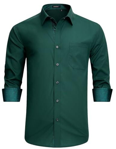 HISDERN Camisa de Hombre Vestir Formal de Manga Larga para Hombre, Camisa clásica Informal sin Planchar, con Bolsillo, Verde Oscuro, XL