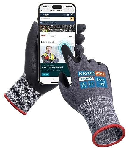 KAYGO Safety Work Gloves MicroFoam Nitrile Coated Touchscreen, KG18NBE | 12 Pairs Working Gloves with Oil Resistant Grip on Palm, for Men Women, Ideal for General Purpose Automotive (Gray, S)