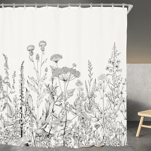 volumoon Noir et Blanc Rideau de Douche, Rideau Douche 180x180 cm, Rideau De Douche Anti Moisissure,Rideaux de Douche Extra Longs,Motif Floral Naturel et Plantes en Polyester avec Crochets