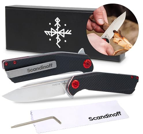 Scandinoff Klappmesser - Einhandmesser - 95mm Klinge - Taschenmesser - Klingenform „Modern SEAX“ - Sandvik 14C28N Stahl - EDC Messer für Outdoor, Wandern | Folding Knife | Pocketor 95 Carbon Fiber