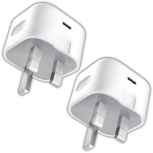 USB C Plug, 2 Pack, 20W Charging Adapter, Super Fast, Compact UK 3-Pin Mains Wall Charger for iPhone 16, 15, 14, 13, 12, 11 Pro Max, XS, XR, 8, SE, iPad, Samsung, Google Pixel, and Multi-Device