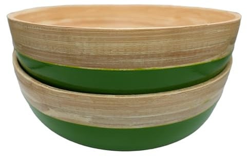 Green Bamboo Serving Bowls – Set of 2 Handcrafted Wooden Bowls for Pasta, Salad, Snacks & Fruit – Eco-Friendly, Durable & Lightweight – 20x6 cm – Glossy Green Finish