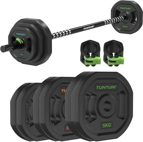 Tunturi Aerobic Pump Gewichtenset 20kg - Hantelset aus Gummi - Inkl. Hantelstange mit 6 Scheiben - Hantelset - Inkl. kostenloser Fitness-App
