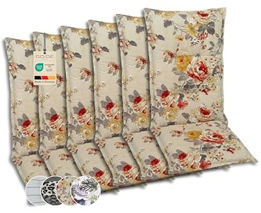 GO-DE Textil Bequeme und attraktive Polsterauflagen für Mittellehner-Gartenstühle (6er-Set, Blumen bunt beige, Mittellehner)