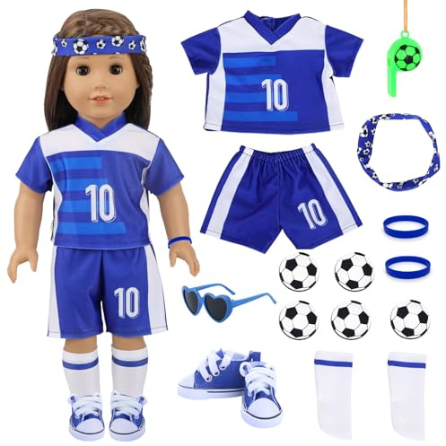 Puppenkleidung 35-43cm Outfits für Baby Puppen Puppenzubehör, 14 Fußball Mode Sportbekleidung mit Oberteile Hosen Haarbänder Armbänder Schuhe Sonnenbrillen Socken Trillerpfeifen Fußball Aufkleber